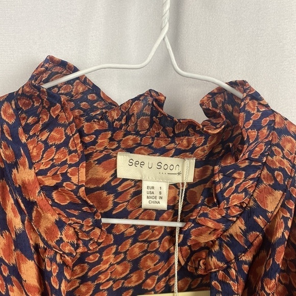 Anthropologie See U Soon Orange Navy Blue Splotch Animal Print Blouse - Size S - Picture 11 of 12